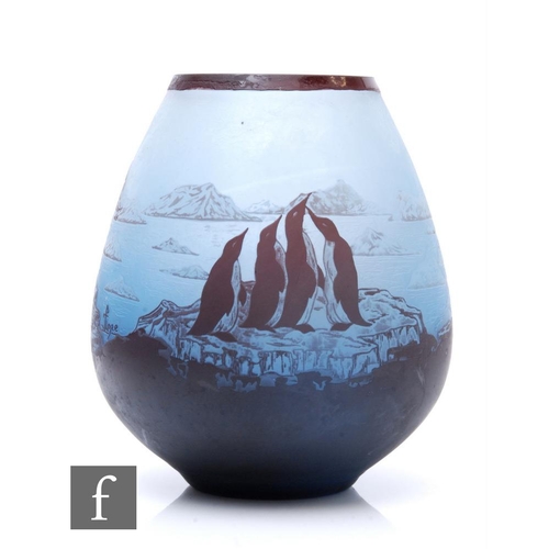 832 - A 1930s continental cameo glass vase of ovoid form, cased in deep blue over frosted clear and cut wi... 