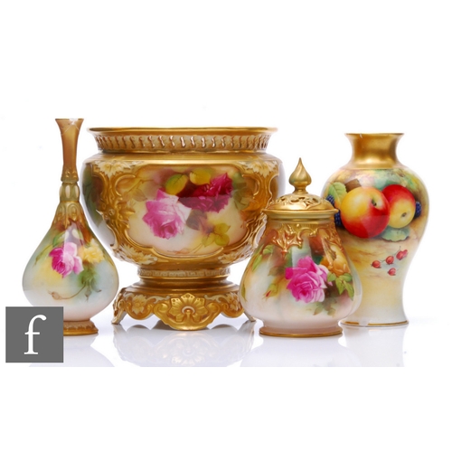 182 - Four pieces of Royal Worcester comprising a Fallen Fruits shape 2471 baluster vase, panel decorated ... 