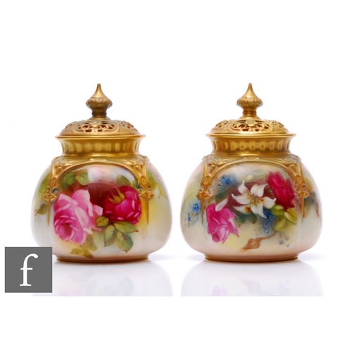 183 - Two Royal Worcester shape H175 covered vases, both decorated with hand painted floral sprays, one wi... 