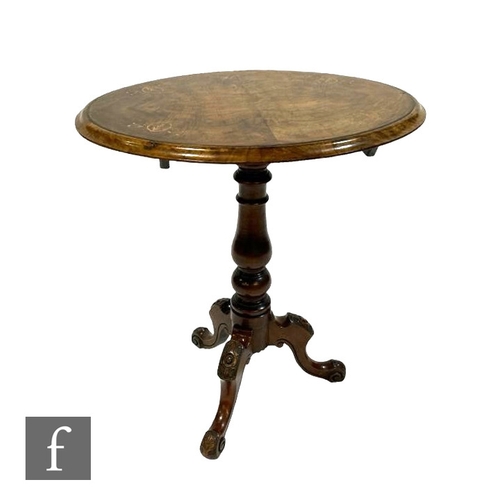 515 - A Victorian inlaid walnut snap top occasional table on turned pedestal and splayed tripod legs, widt... 