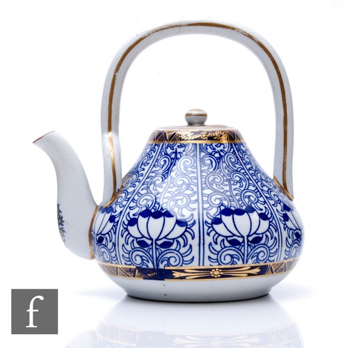 85 - An early 20th Century Royal Worcester 'Royal Lily' pattern aesthetic teapot of pear form rising to a... 