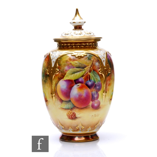 A Royal Worcester porcelain painted fruit pattern pot pourri jar and cover H169B, painted by D. Fuller, of ovoid form with pierced lid and painted with cherries, pears and blackberries, signed, height 15cm, boxed.