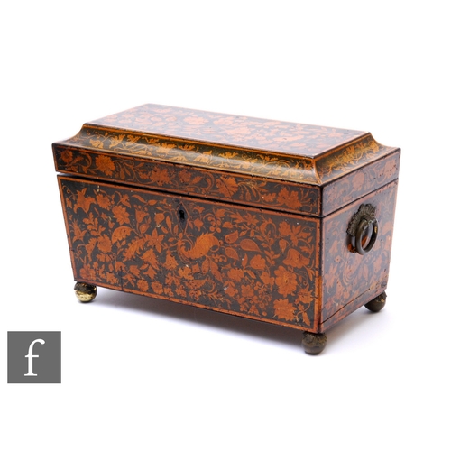 208 - A 19th Century tea caddy of sarcophagus form, all over painted in a satinwood marquetry style with t... 