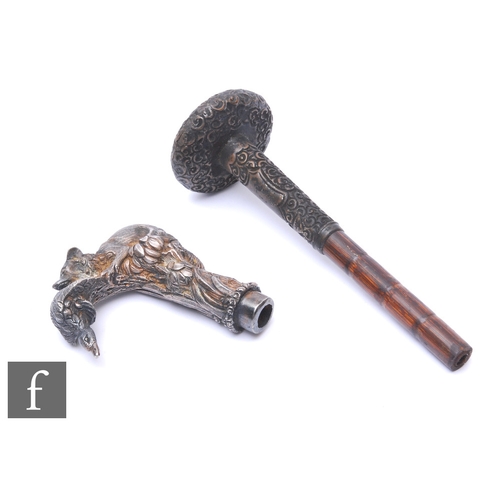 242 - A Victorian cast plated walking cane handle modelled as a fox attacking a duck, height 9cm, and a pa... 