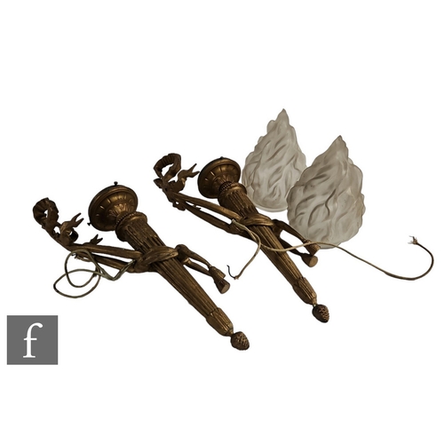 247 - A pair of 20th Century Regency style wall lights modelled as flaming torches of fluted form, with fr... 