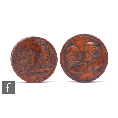 249 - A pair of 19th Century French circular snuff boxes, one with two portraits facing each other of Volt... 