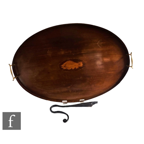 252 - An Edwardian inlaid two handled serving tray with shell paterae centre, width 63cm, and an iron shep... 