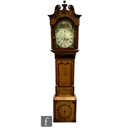 292 - A mid 19th Century oak and mahogany crossbanded longcase clock, by Jas Dowling Birmingham, the paint... 