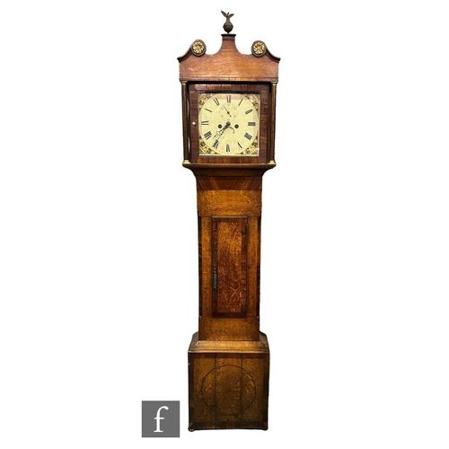 303 - A 19th Century oak and mahogany crossbanded longcase clock, painted dial and eight day striking move... 