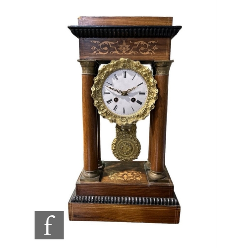 309 - A 19th Century inlaid Portico mantle clock, white enamelled dial within a gilt foliate bezel and pen... 