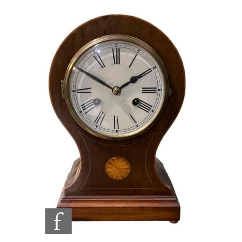 313 - An Edwardian inlaid mahogany balloon shaped mantle clock, white dial inlaid with circular paterae, o... 