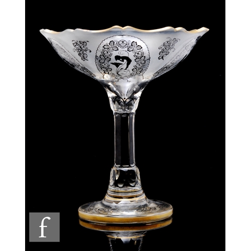 775 - A large 1920s continental clear crystal glass pedestal taza, the circular spread foot below a slice ... 