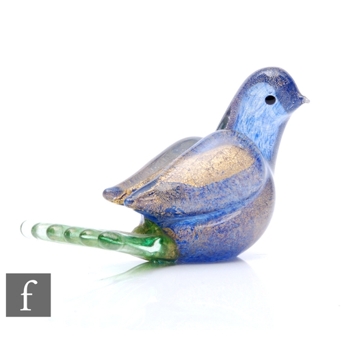 824 - A post war Murano glass bird by Galliano Ferro, the mottled blue body internally decorated with gold... 