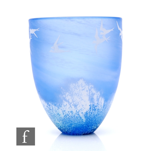 828 - A contemporary studio glass bowl by Malcolm Sutcliffe, the ovoid body cased in white over marbled bl... 