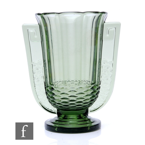 840 - A 1930s Val Saint Lambert Romeo glass vase of footed faceted form, with integral twin handles moulde... 