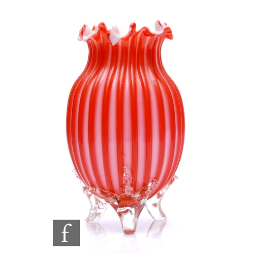 613 - A late 19th Century Stourbridge glass vase of swollen ovoid form with deep ribbed body in tonal ruby... 