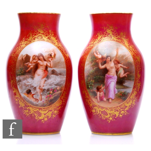 641 - A pair of large 19th Century Bohemian opal glass vases by Josef Ahne, each of swollen ovoid form wit... 