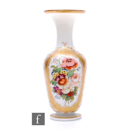 628 - A 19th Century opal glass vase in the manner of Richardsons, the footed shouldered ovoid body with f... 