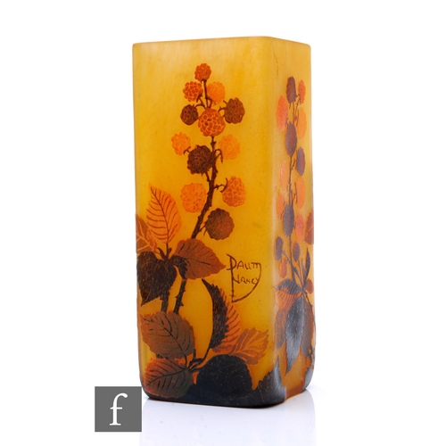 695 - A large later 20th Century reproduction Daum cameo glass vase of square sleeve form, cased in tonal ... 