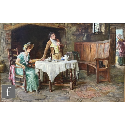 418 - FREDERICK SYDNEY MUSCHAMP (1851-1929) - Afternoon tea, oil on canvas, signed, bears Haynes Fine Art ... 