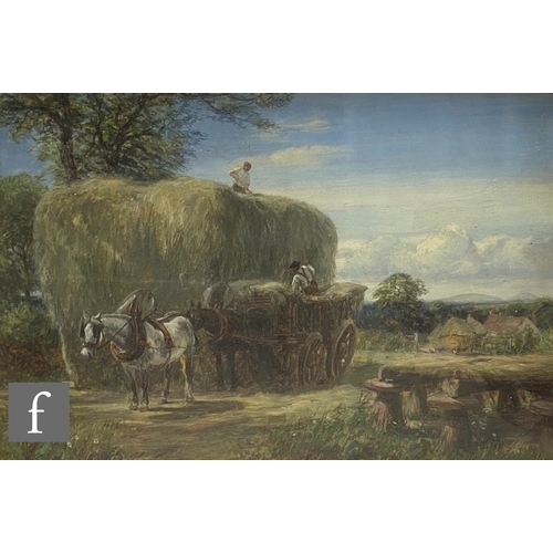 420 - CHARLES THOMAS BURT (1823-1902) - Harvest scene with figures unloading a haycart, oil on canvas, fra... 