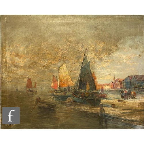 422 - C. WELLS (EARLY 20TH CENTURY) - A busy harbour scene, oil on canvas, signed, unframed, 55cm x 69cm.