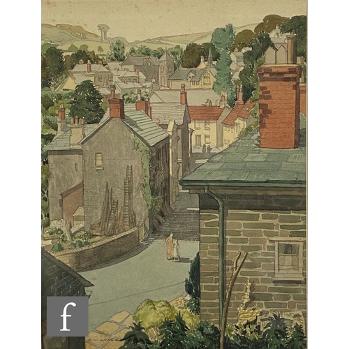 441 - MEREDITH W. HAWES (1905–1999) - Figure in a village street, watercolour, signed, framed, 31cm x 23cm... 