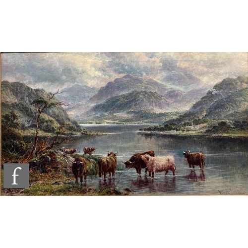 444 - WILLIAM LANGLEY (1852-1922) - Highland cattle in an extensive river landscape, oil on canvas, signed... 