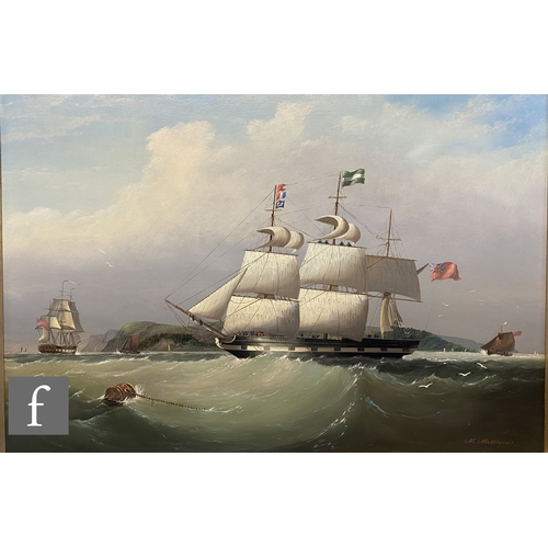 451 - MICHAEL MATTHEWS (BORN 1933) - A British warship and other vessels off Dover, oil on board, signed, ... 