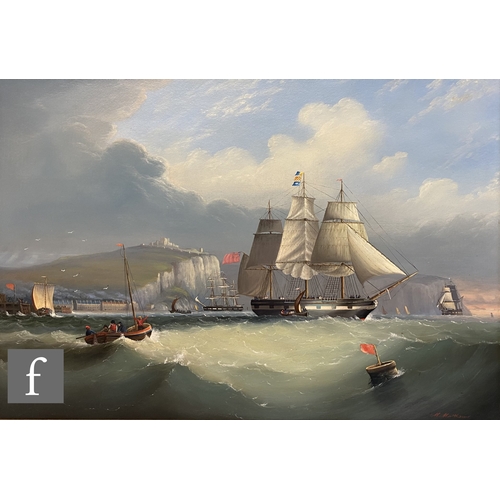 451 - MICHAEL MATTHEWS (BORN 1933) - A British warship and other vessels off Dover, oil on board, signed, ... 