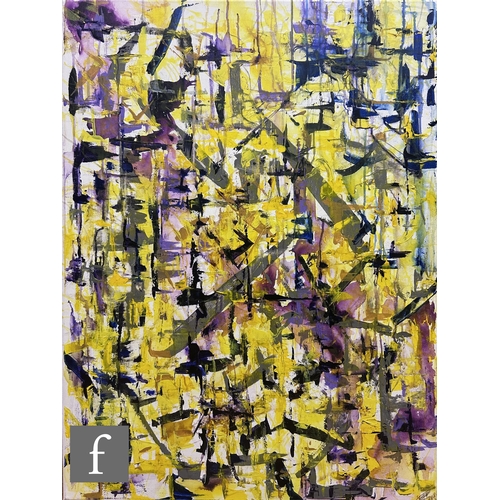 475 - TIM COLE (CONTEMPORARY) - Abstract in tones of yellow, purple and blue, oil on canvas, signed and da... 