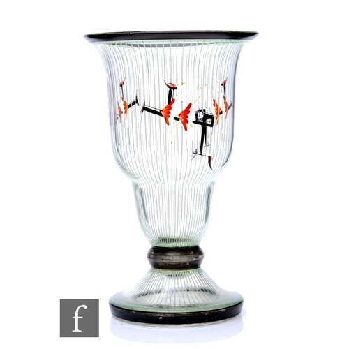 776 - A 1930s Czech Art Deco pedestal vase of stepped form, hand enamelled with repeat abstract motifs ove... 