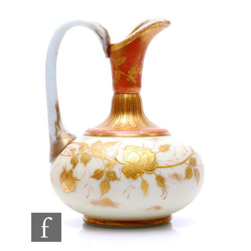 634 - A late 19th Century Harrach opal glass ewer of compressed globe and shaft form with pulled spout and... 