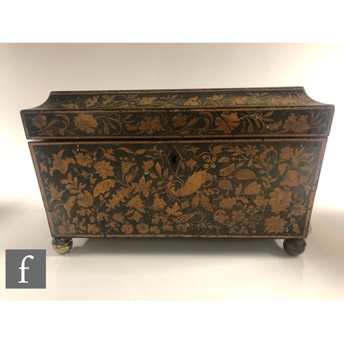 208 - A 19th Century tea caddy of sarcophagus form, all over painted in a satinwood marquetry style with t... 