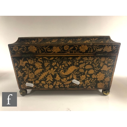 208 - A 19th Century tea caddy of sarcophagus form, all over painted in a satinwood marquetry style with t... 