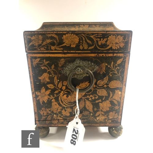 208 - A 19th Century tea caddy of sarcophagus form, all over painted in a satinwood marquetry style with t... 