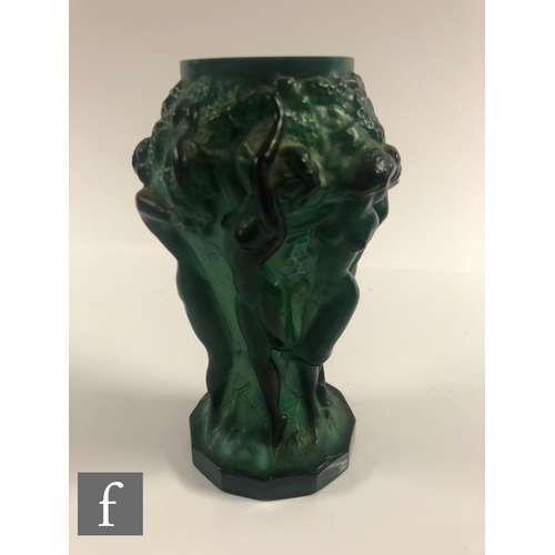 703 - A 1930s Czech Art Deco Malachite glass vase heavily relief moulded with a freize of naked females am... 