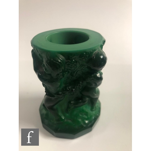 703 - A 1930s Czech Art Deco Malachite glass vase heavily relief moulded with a freize of naked females am... 