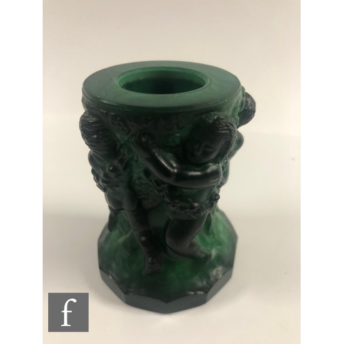 703 - A 1930s Czech Art Deco Malachite glass vase heavily relief moulded with a freize of naked females am... 