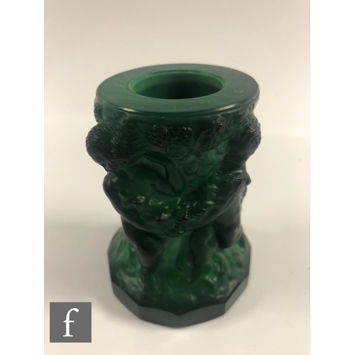 703 - A 1930s Czech Art Deco Malachite glass vase heavily relief moulded with a freize of naked females am... 