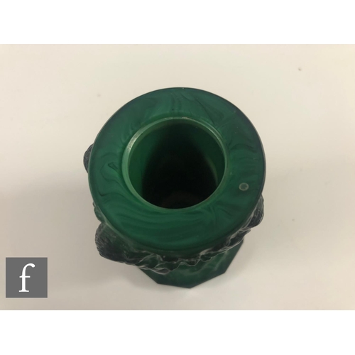 703 - A 1930s Czech Art Deco Malachite glass vase heavily relief moulded with a freize of naked females am... 