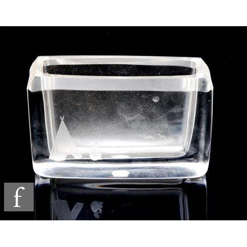 911 - A post war Swedish glass vase of rectangular form, engraved with a scene of a man smoking outside a ... 