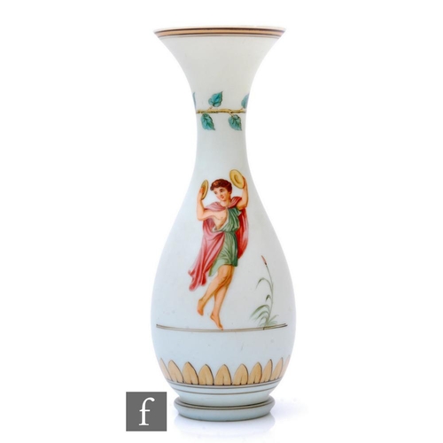 928 - A 19th Century opal glass vase of footed ovoid form with flared neck, enamel decorated with a boy pl... 