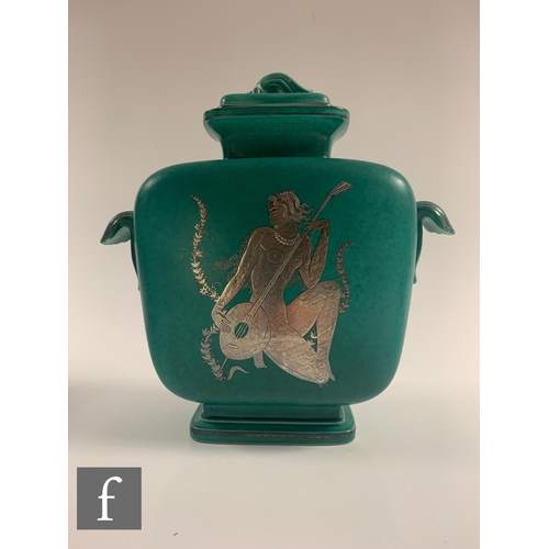 177 - A large 1930s Gustavsberg Argenta Ware vase and cover of footed and shouldered compressed rectangula... 