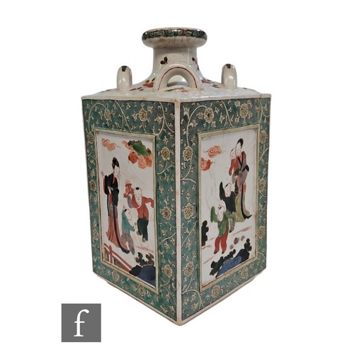 AMENDED - A Chinese famille verte square section vase, each side decorated with figures and children, unmarked, height 28cm, DAMAGED.