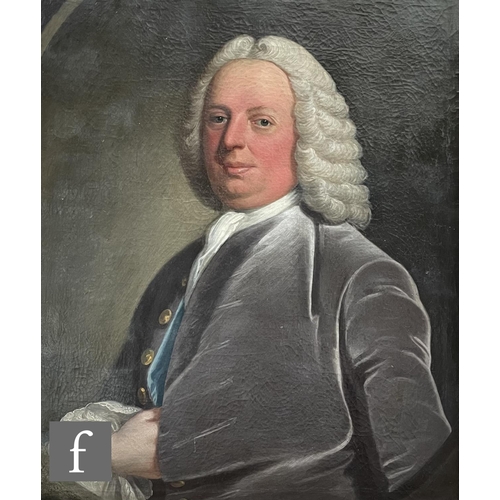 406 - FOLLOWER OF THOMAS HUDSON (1701-1779) - Portrait of a gentleman wearing a curled wig, grey coat and ... 