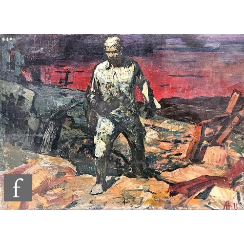 412 - ANATOLY NASEDKIN (UKRANIAN, 1924-1994) - A figure walking through a desolate landscape, oil on canva... 