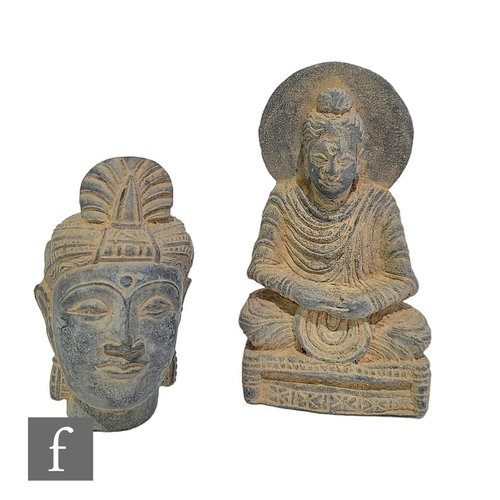 885 - Two Gandharan Schist figural stone carvings, the first a head fragment of Maitreya wearing elaborate... 