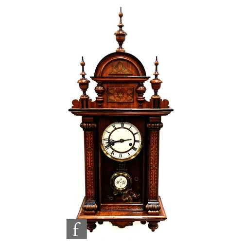 287 - A late 19th Century inlaid Austrian regulator wall clock with spring driven movement enclosed by an ... 