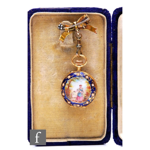 167 - A late 19th Century continental 18ct miniature fob watch, gilt Arabic numerals to a blue enamelled d... 